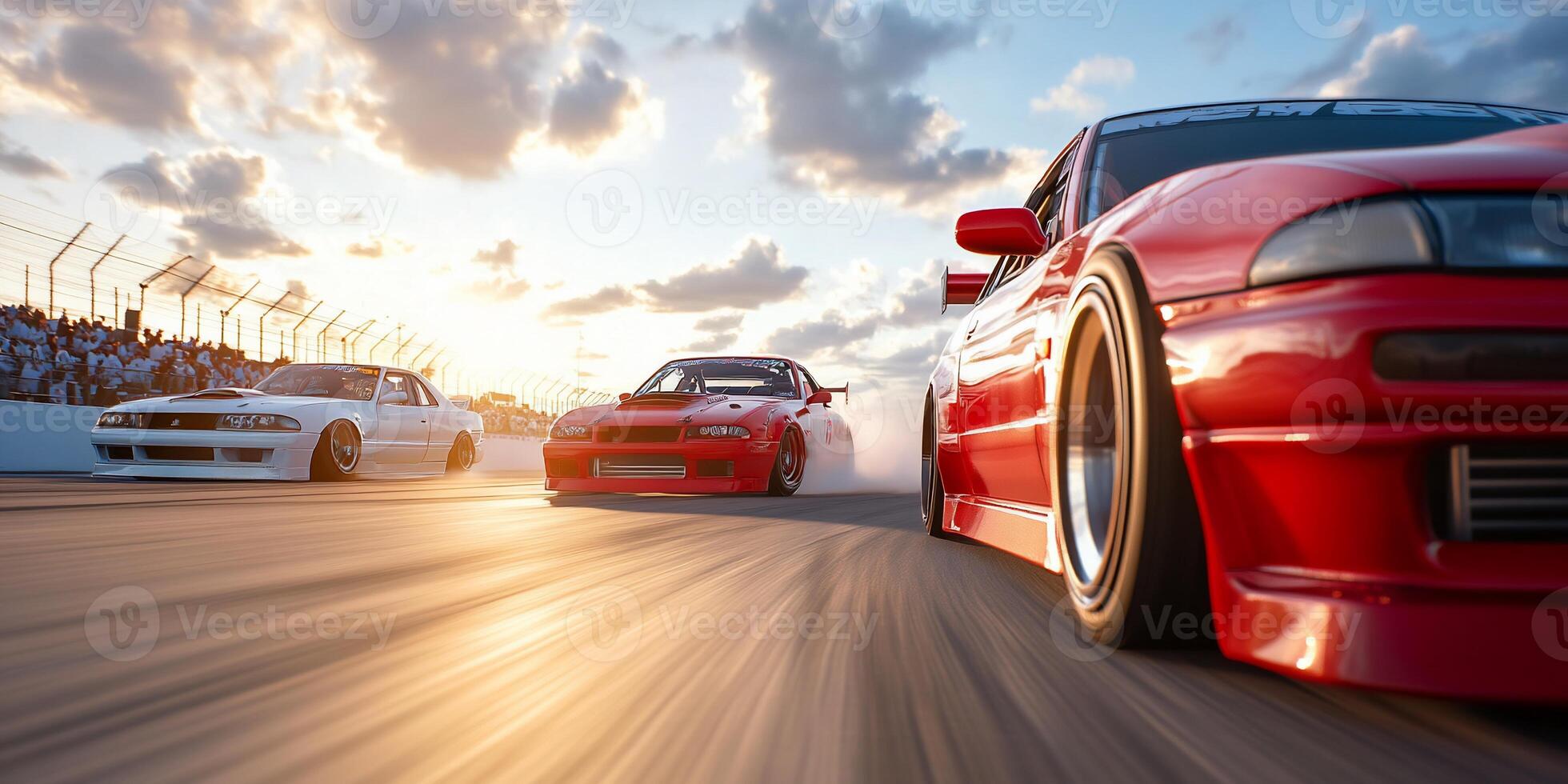Racing cars on track at sunset