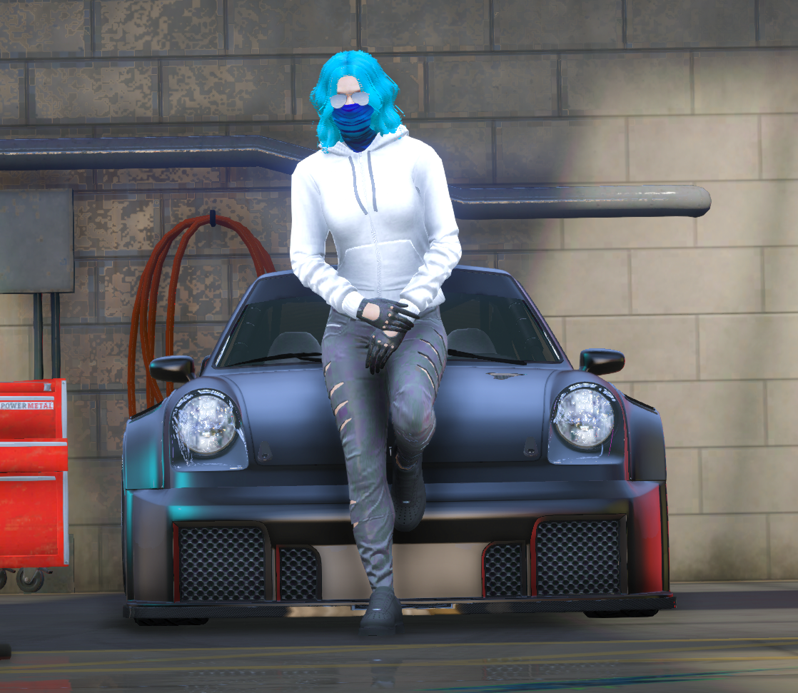 Character with Blue Hair and Custom Porsche