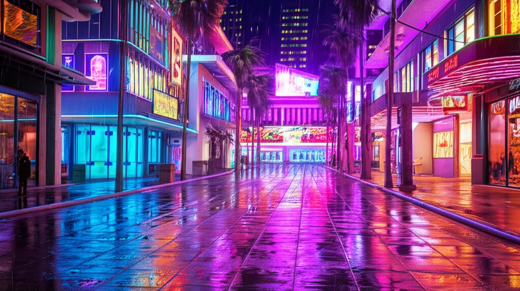 Cyberpunk Miami street at night